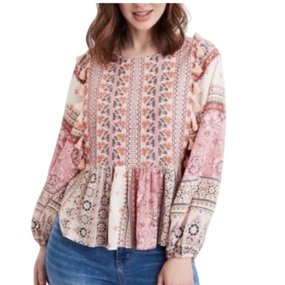 American Eagle Womens Boho Floral Patchwork Long Sleeve Peplum Blouse XS Tassel